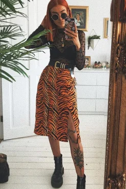 Rebellious Fashion Orange Tiger Print Split Front Midi Skirt - Jayne