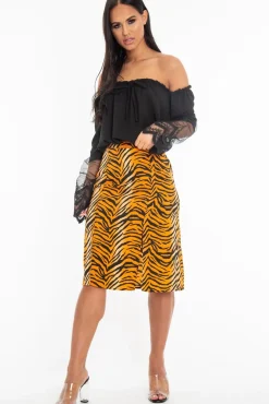Rebellious Fashion Orange Tiger Print Split Front Midi Skirt - Jayne