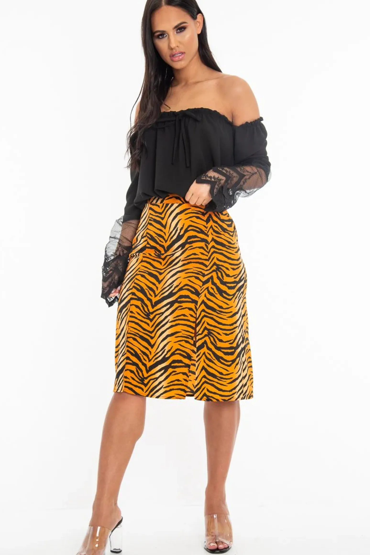 Rebellious Fashion Orange Tiger Print Split Front Midi Skirt - Jayne