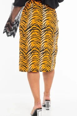 Rebellious Fashion Orange Tiger Print Split Front Midi Skirt - Jayne