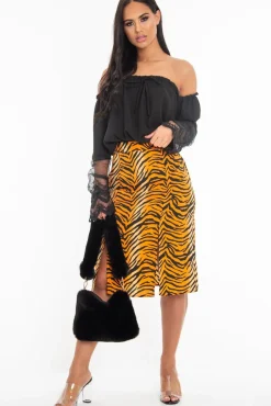 Rebellious Fashion Orange Tiger Print Split Front Midi Skirt - Jayne