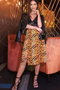 Rebellious Fashion Orange Tiger Print Split Front Midi Skirt - Jayne