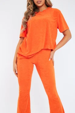 Rebellious Fashion Orange Towelling T- Shirt & Flare Trouser Set - Tania