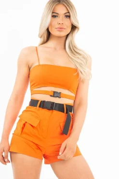 Rebellious Fashion Orange Utility Pocket Crop Top and Shorts Co-ord -Juri