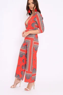 Rebellious Fashion Orange V-Plunge Scarf Print Jumpsuit - Tyler