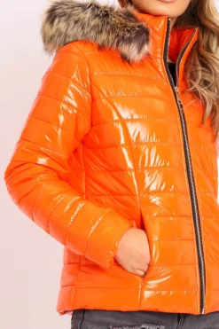 Rebellious Fashion Orange Wet Look Puffer Coat - Soph