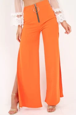 Rebellious Fashion Orange Zip Front High Waisted Flare Trousers - Gerta