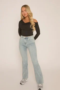 Rebellious Fashion Pale Blue High Waist Kick Flare Frayed Hem Denim Jeans - Aspen