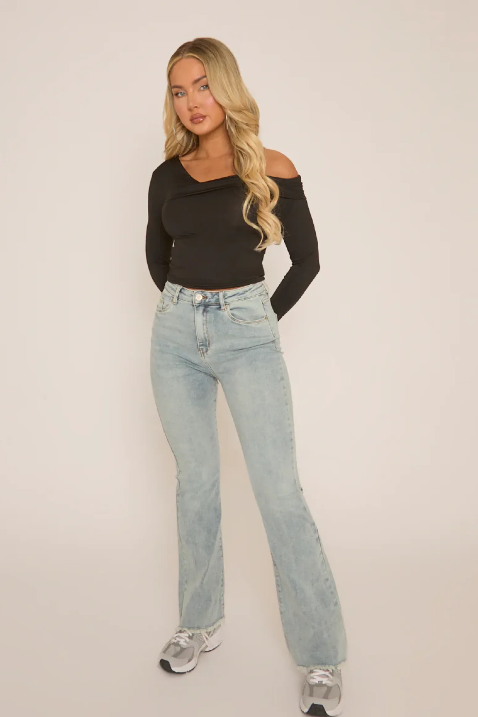 Rebellious Fashion Pale Blue High Waist Kick Flare Frayed Hem Denim Jeans - Aspen