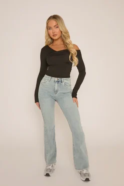 Rebellious Fashion Pale Blue High Waist Kick Flare Frayed Hem Denim Jeans - Aspen