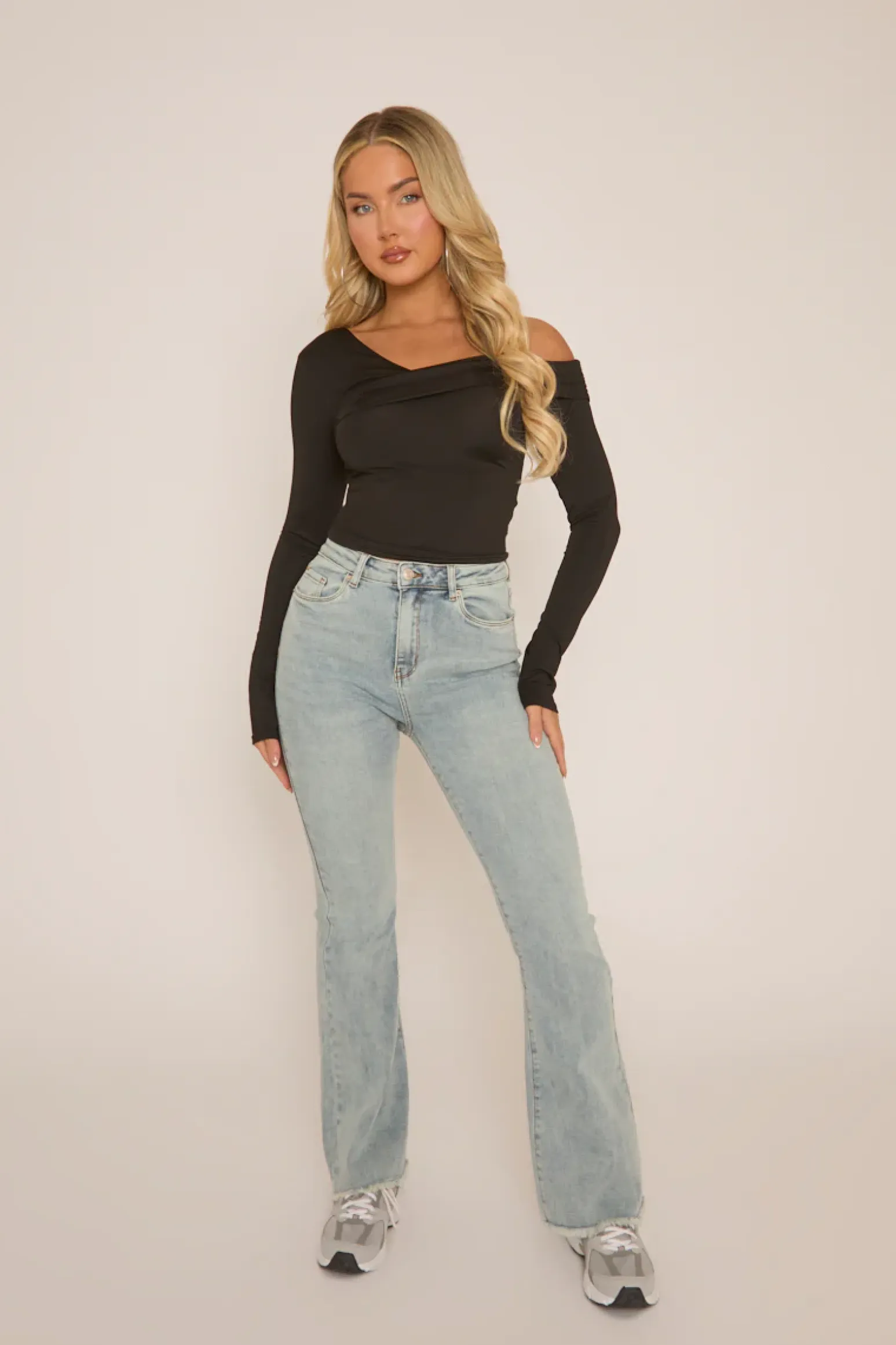 Rebellious Fashion Pale Blue High Waist Kick Flare Frayed Hem Denim Jeans - Aspen