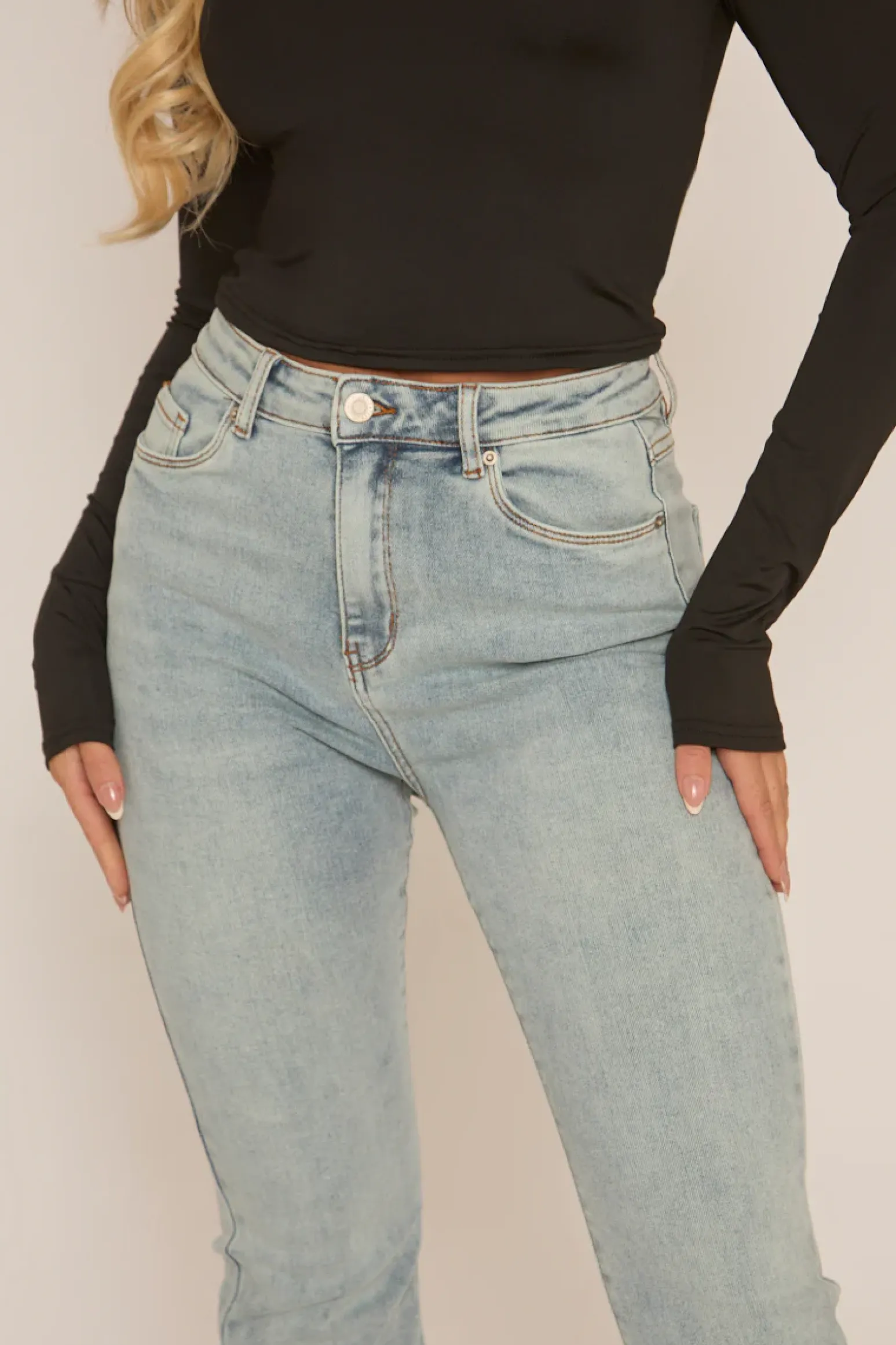 Rebellious Fashion Pale Blue High Waist Kick Flare Frayed Hem Denim Jeans - Aspen