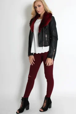 Rebellious Fashion Paloma Faux Leather Red/Black Fur Jacket