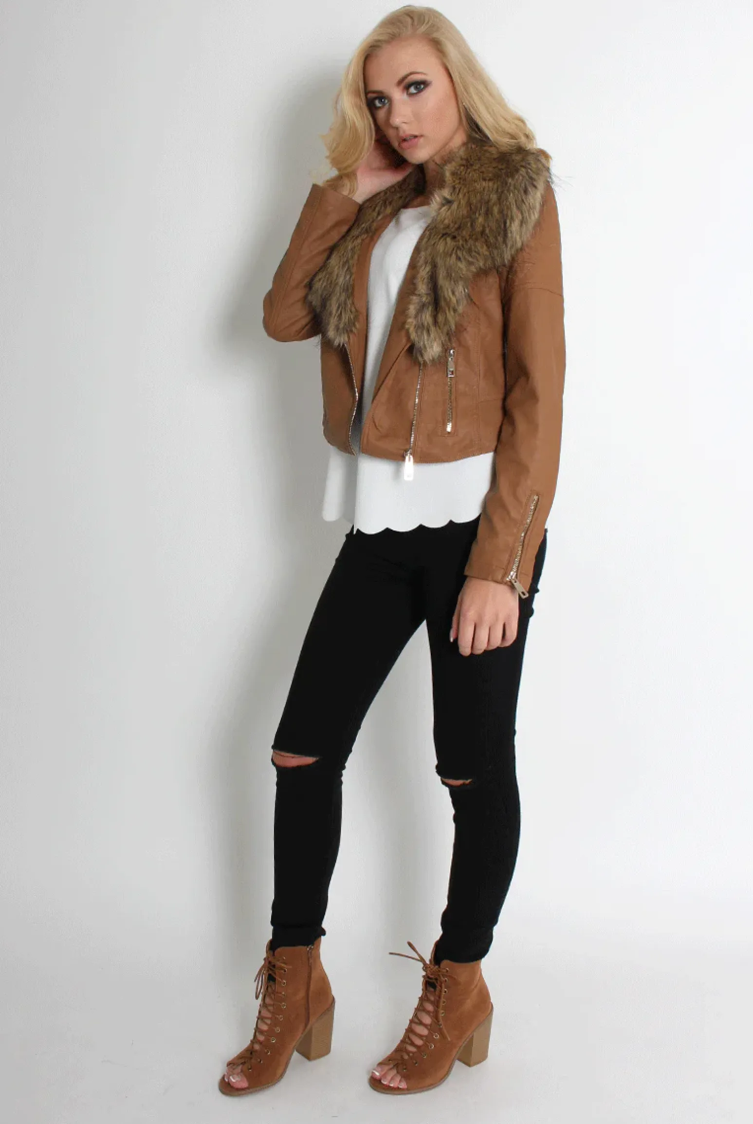 Rebellious Fashion Paloma Faux Leather Tan Fur Jacket