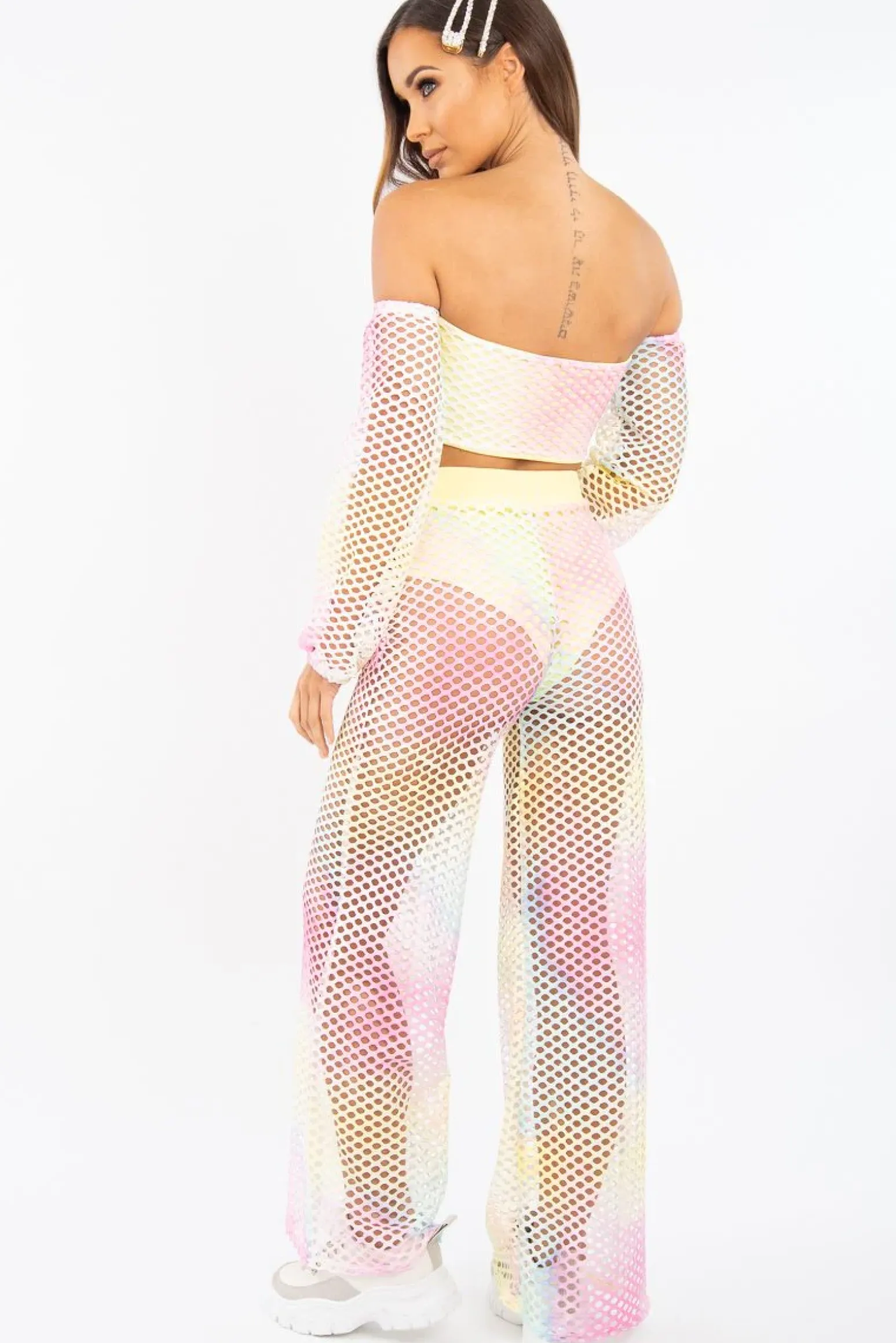 Rebellious Fashion Pastel Fish Net Crop Tie Top and Trousers Co-ord - Misa