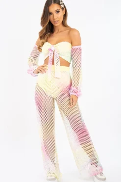 Rebellious Fashion Pastel Fish Net Crop Tie Top and Trousers Co-ord - Misa