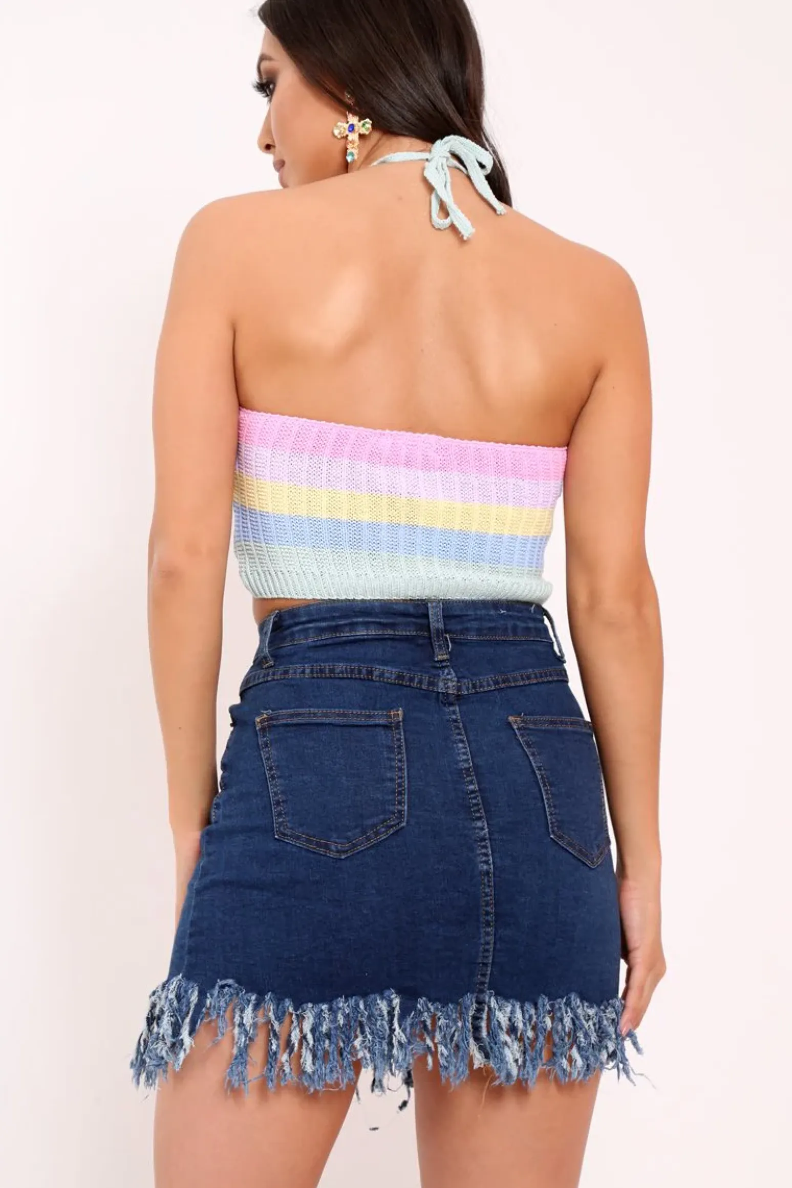 Rebellious Fashion Pastel Striped Knitted Halterneck Crop Top - Palyn