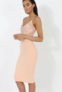 Rebellious Fashion Peach Applique Mesh Bodycon Dress - Tallulah