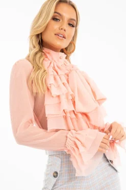 Rebellious Fashion Peach Crepe Ruffle High Neck Shirt - Honey