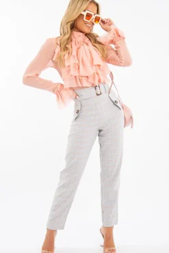 Rebellious Fashion Peach Crepe Ruffle High Neck Shirt - Honey