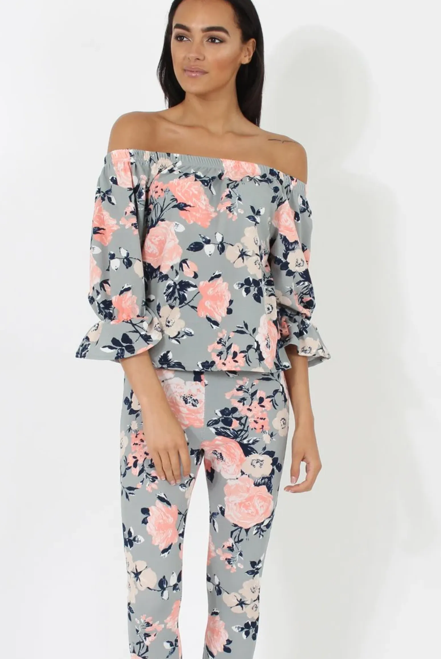 Rebellious Fashion Peach Floral Off The Shoulder Co-ord- Lydia
