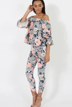 Rebellious Fashion Peach Floral Off The Shoulder Co-ord- Lydia
