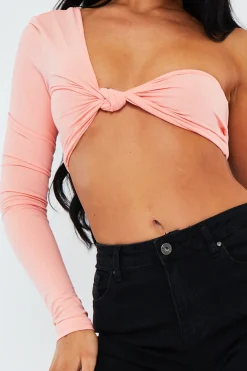 Rebellious Fashion Peach Knot Front One Sleeve Crop Top - Yeliz