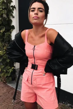 Rebellious Fashion Peach Plunge Belted Waist Sleeveless Playsuit - Kerstyn