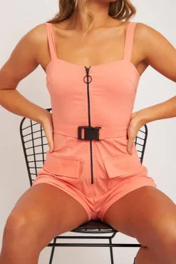 Rebellious Fashion Peach Plunge Belted Waist Sleeveless Playsuit - Kerstyn