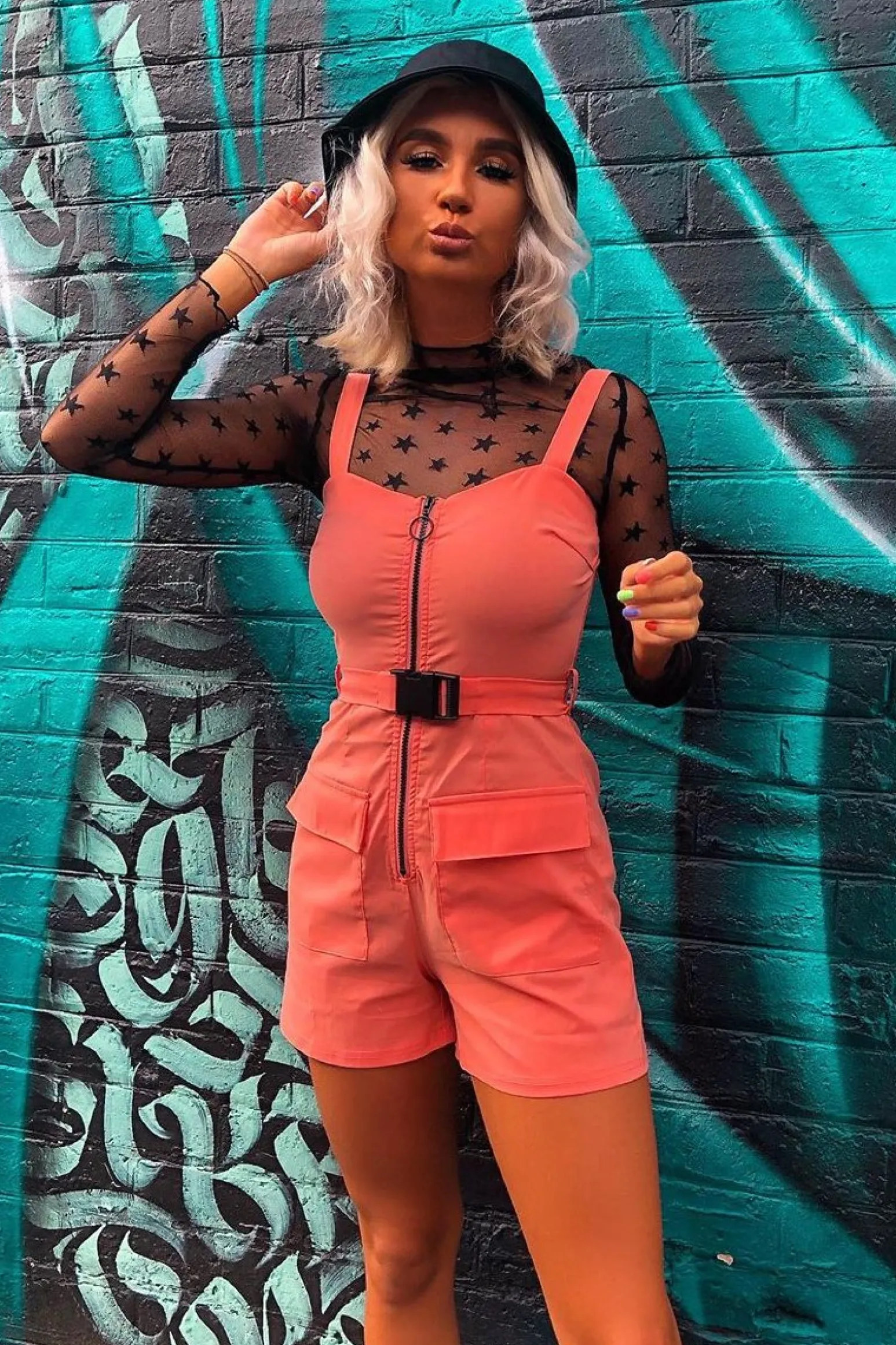 Rebellious Fashion Peach Plunge Belted Waist Sleeveless Playsuit - Kerstyn