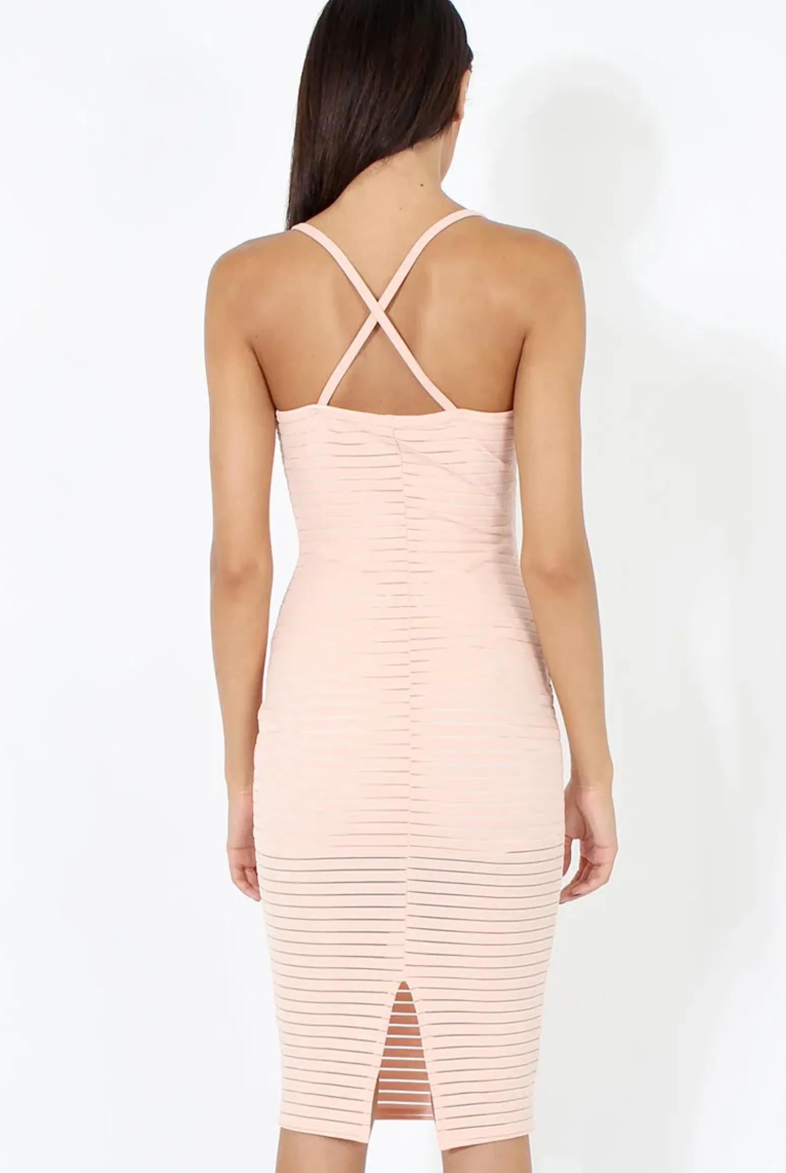 Rebellious Fashion Peach Ribbed Mesh Harness Midi Dress - Alma