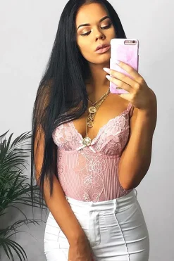 Rebellious Fashion Peach Sheer Lace Bodysuit - Katia