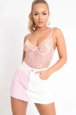 Rebellious Fashion Peach Sheer Lace Bodysuit - Katia