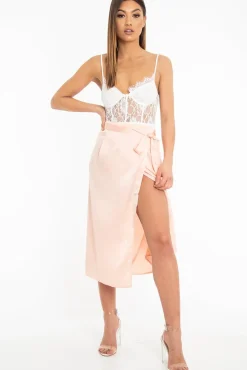 Rebellious Fashion Peach Wrap Tie Side Satin Midi Skirt - Mailah
