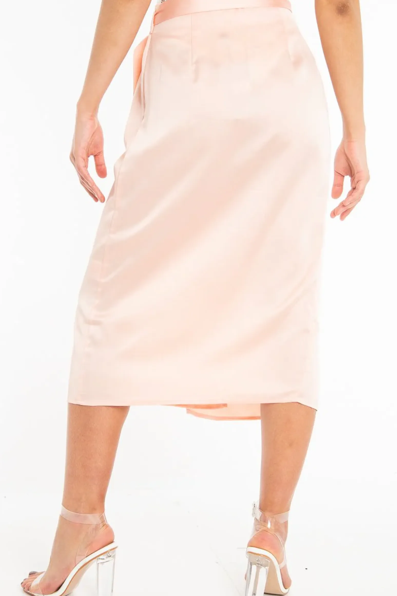 Rebellious Fashion Peach Wrap Tie Side Satin Midi Skirt - Mailah