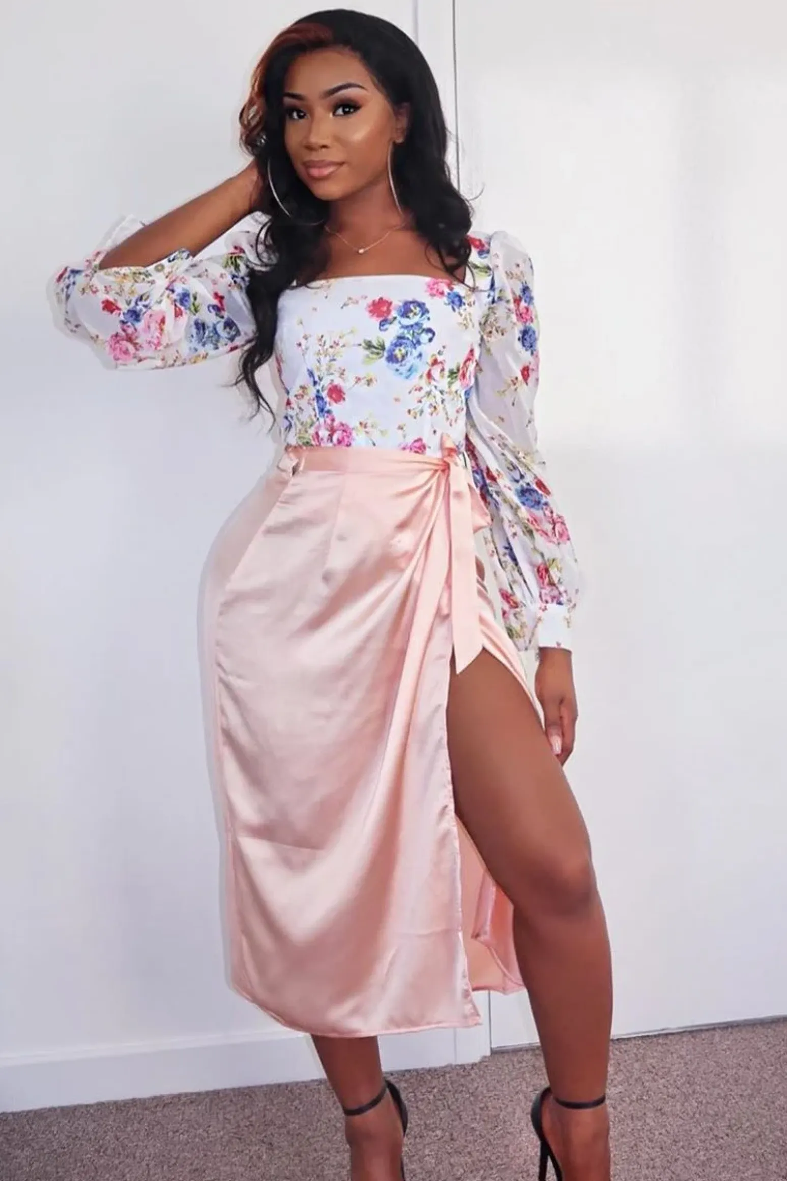 Rebellious Fashion Peach Wrap Tie Side Satin Midi Skirt - Mailah