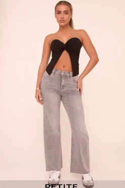 Rebellious Fashion Petite Dark Grey Stretch Straight Leg Frayed Hem Jeans - Scarlett