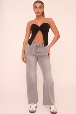 Rebellious Fashion Petite Dark Grey Stretch Straight Leg Frayed Hem Jeans - Scarlett