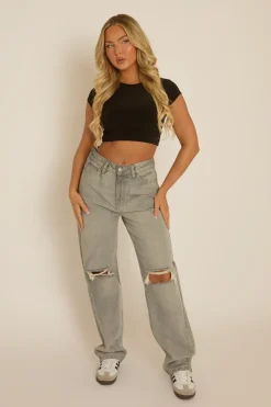 Rebellious Fashion Petite Grey Denim Distressed Knee Jeans - Ivelisse