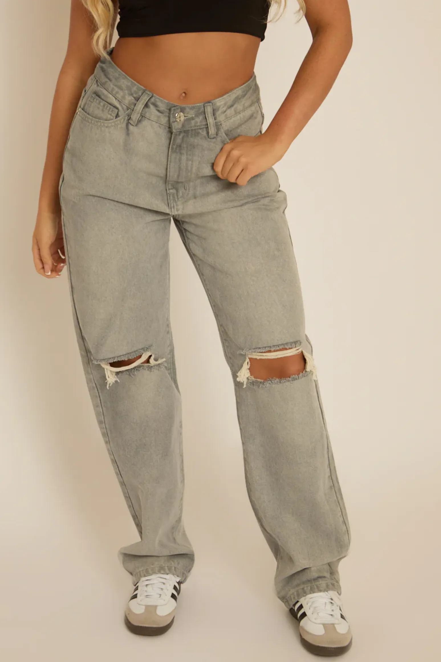 Rebellious Fashion Petite Grey Denim Distressed Knee Jeans - Ivelisse