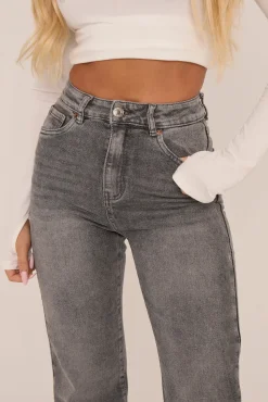 Rebellious Fashion Petite Grey Stretch Straight Leg Frayed Hem Jeans - Scarlett