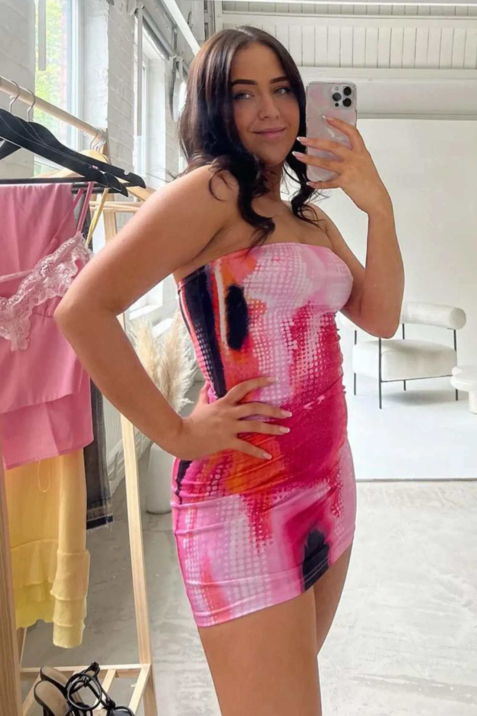 Rebellious Fashion Pink Abstract Body Print Bandeau Mini Dress - Bongcha