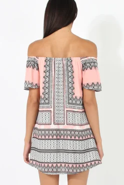 Rebellious Fashion Pink & Black Print Bardot Dress - July