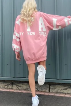Rebellious Fashion Pink Buffalo New York Slogan Sweater Dress - Nazaria