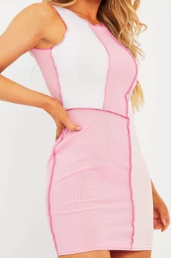 Rebellious Fashion Pink Colour Block Contrast Stitch Mini Dress - Jahlia