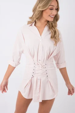 Rebellious Fashion Pink Corset Front Shirt Dress - Malika