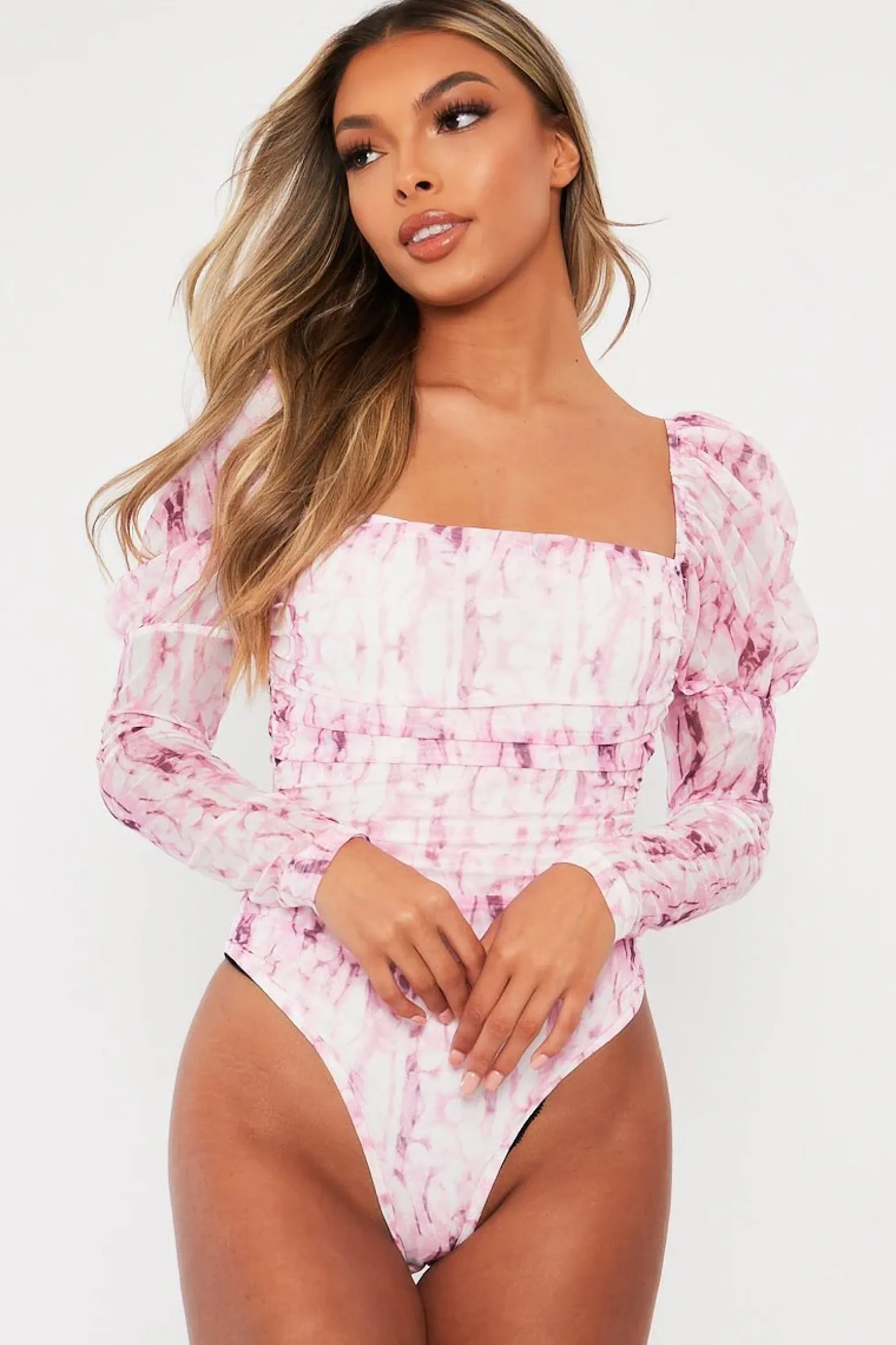 Rebellious Fashion Pink Marble Puff Sleeve Bodysuit - Deana