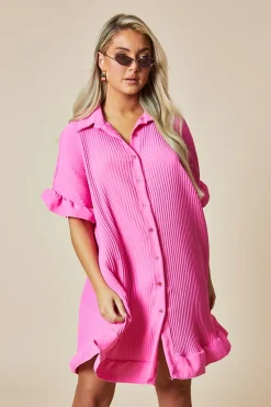 Rebellious Fashion Pink Plisse Detail Frill Hem Oversized Dress - Sakura