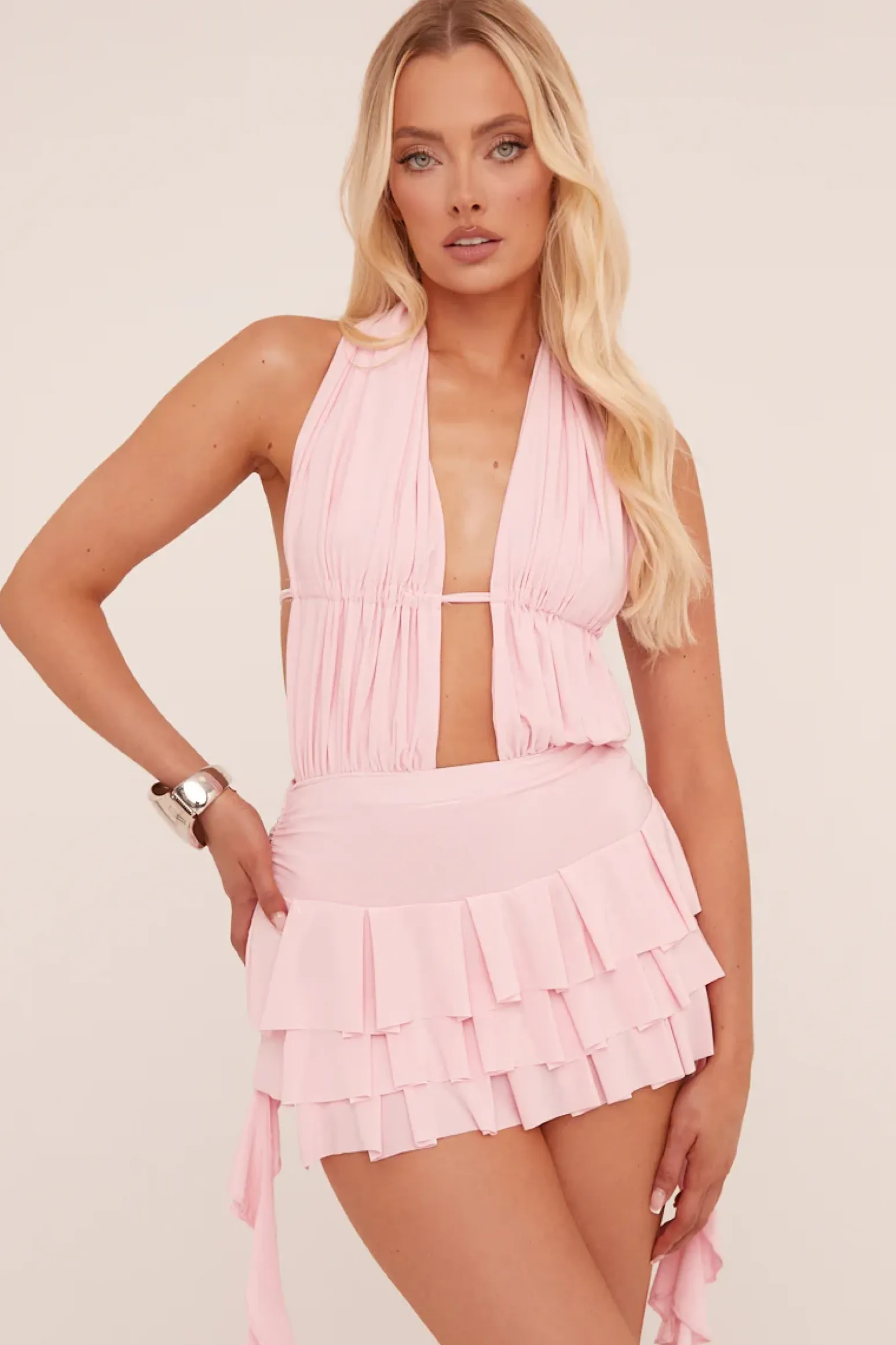 Rebellious Fashion Pink Plunge Neck Frill Detail Mini Dress - Swan