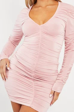 Rebellious Fashion Pink Ruched Detail Slinky Mini Dress - Demmi